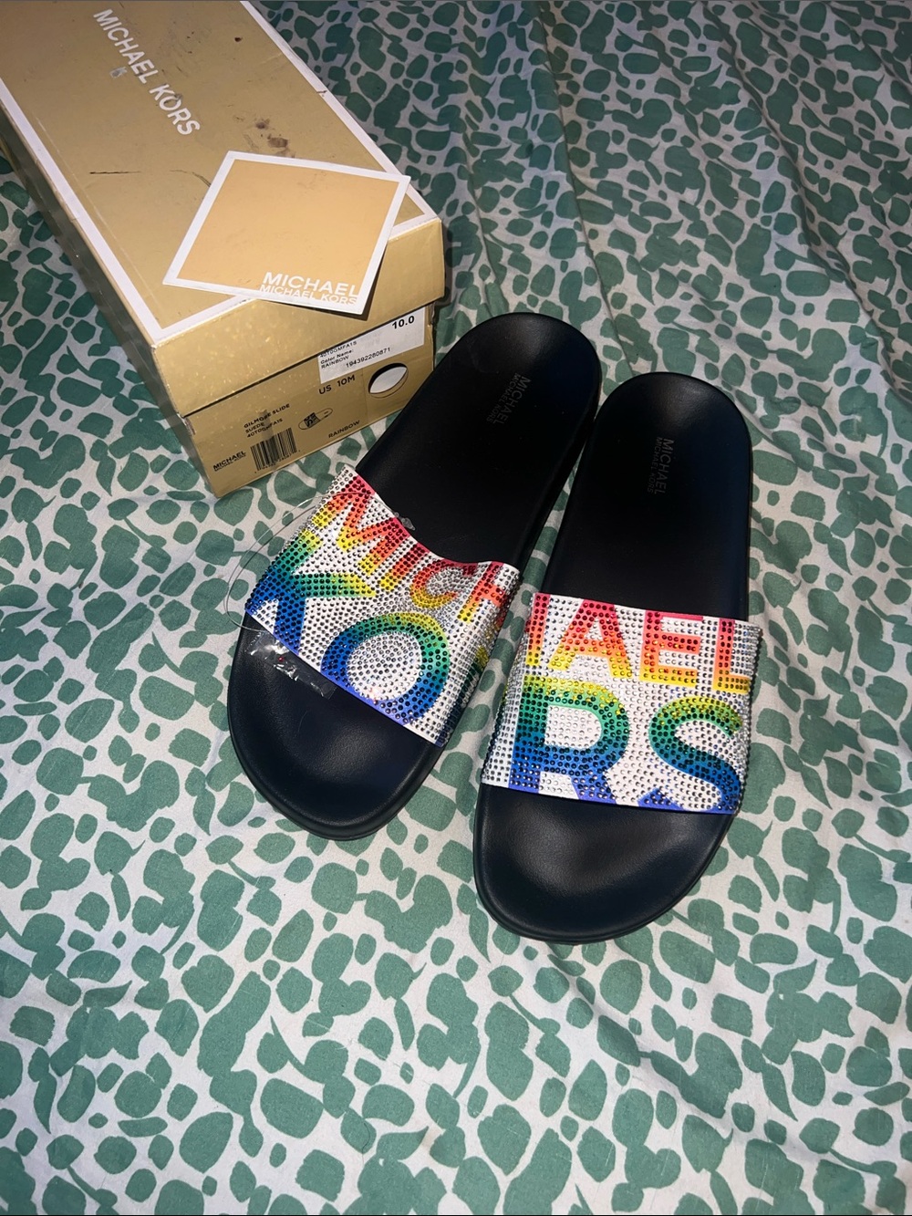 Michael Kors Black Slides with Rainbow Crystal Logo Strap - Picture 1 of 1